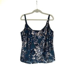 V-neck camisole top in sequined mesh with narrow, adjustable shoulder straps.